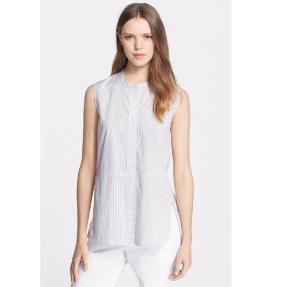 Vince Pin-Striped Sleeveless Cotton Tunic Blouse